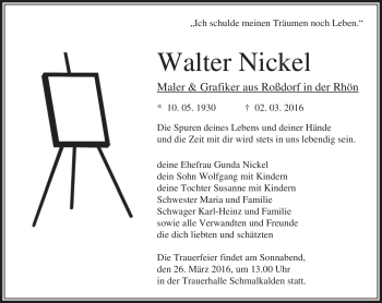 Traueranzeige von Walter Nickel von Südthüringer Presse