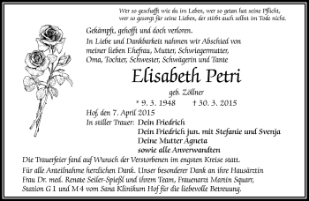 Traueranzeige von Elisabeth Petri von Frankenpost