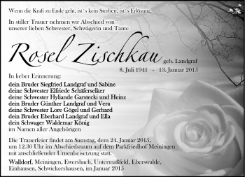Traueranzeige von Rosemarie Zischkau von Südthüringer Presse
