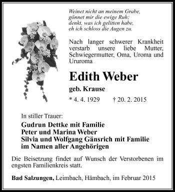 Traueranzeige von Edith Weber von Südthüringer Presse