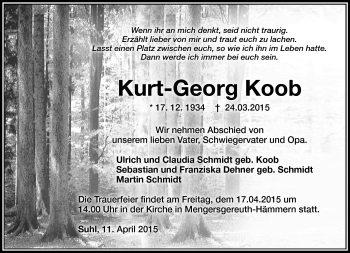 Traueranzeige von Kurt- Georg Koob von Südthüringer Presse