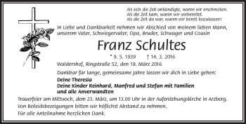 Traueranzeige von Franz Schultes von Frankenpost
