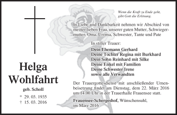 Traueranzeige von Helga Wohlfahrt von Südthüringer Presse