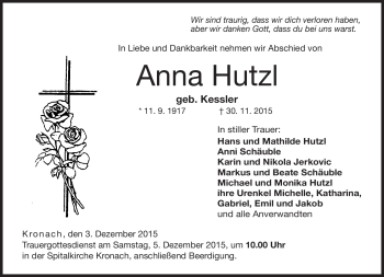 Traueranzeige von Hutzl Anna von Neue Presse Coburg