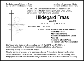Traueranzeige von Hildegard Fraas von Frankenpost