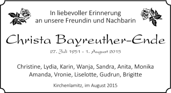 Traueranzeige von Christa Bayreuther-Ende von Frankenpost