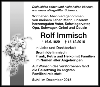 Traueranzeige von Rolf Immisch von Südthüringer Presse