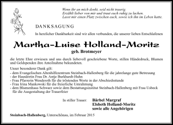 Traueranzeige von Martha-Luise Holland-Moritz von Südthüringer Presse