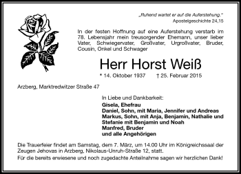 Traueranzeige von Horst Weiß von Frankenpost