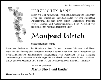 Traueranzeige von Manfred Ulrich von Südthüringer Presse