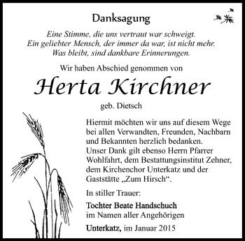 Traueranzeige von herta Kirchner von Südthüringer Presse