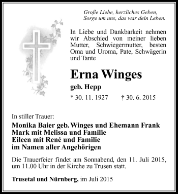 Traueranzeige von Erna Winges von Südthüringer Presse