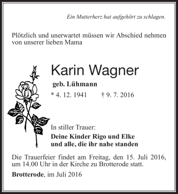 Traueranzeige von Karin Wagner von Südthüringer Presse