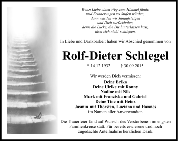 Traueranzeige von Rolf-Dieter Schlegel von Frankenpost