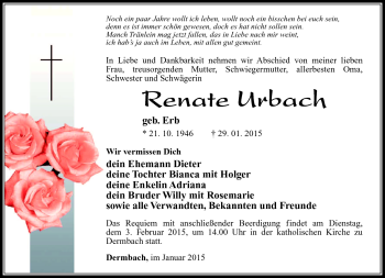 Traueranzeige von Renate Urbach von Südthüringer Presse