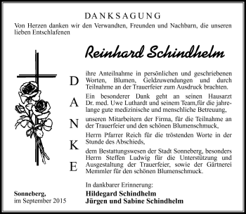 Traueranzeige von Rreinhard Schindhelm von Südthüringer Presse