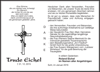 Traueranzeige von Trude Eichel von Südthüringer Presse
