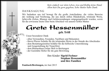 Traueranzeige von Grete Hessenmüller von Südthüringer Presse