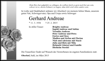 Traueranzeige von Gerhard Andreae von Südthüringer Presse