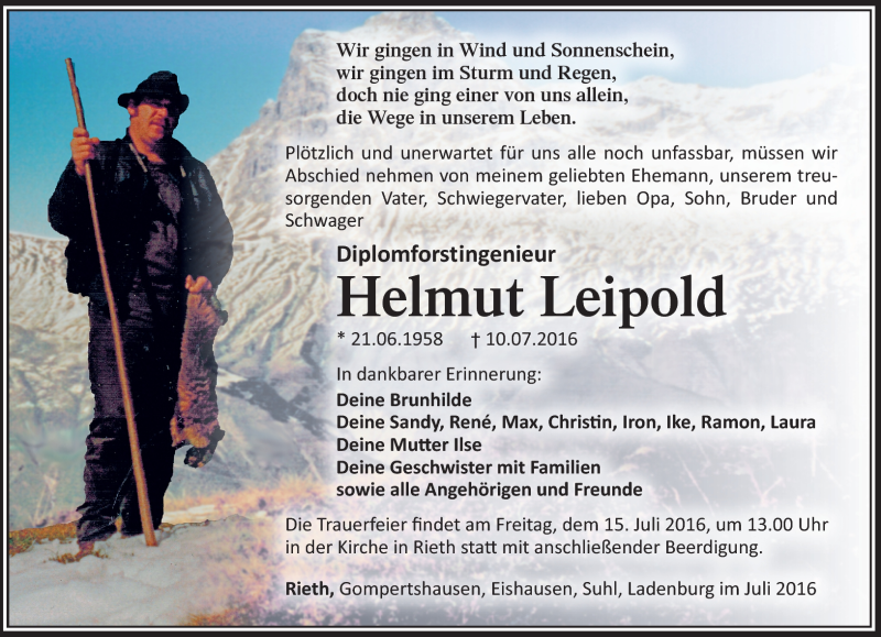  Traueranzeige für Helmut Leipold vom 13.07.2016 aus Südthüringer Presse