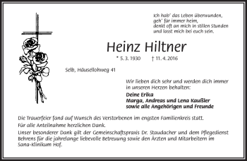 Traueranzeige von Heinz Hiltner von Frankenpost