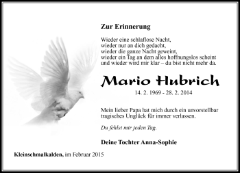Traueranzeige von Mario Hubrich von Südthüringer Presse