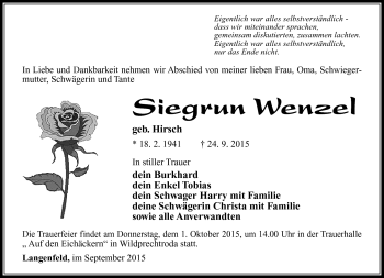 Traueranzeige von Siegrun Wenzel von Südthüringer Presse
