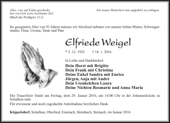 Traueranzeige von Elfriede Weigel von Südthüringer Presse