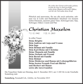 Traueranzeige von Christian Maxelon von Südthüringer Presse