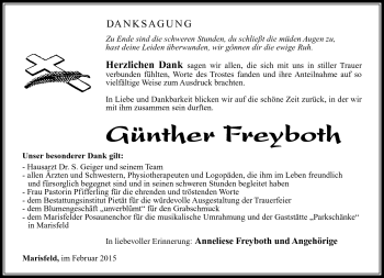 Traueranzeige von Günther Freyboth von Südthüringer Presse