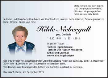 Traueranzeige von Hilde Niebergall von Südthüringer Presse