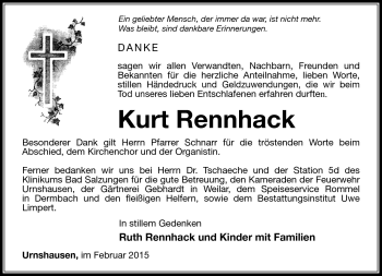 Traueranzeige von Kurt Rennhack von Südthüringer Presse