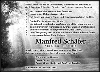 Traueranzeige von manfred Schäfer von Südthüringer Presse