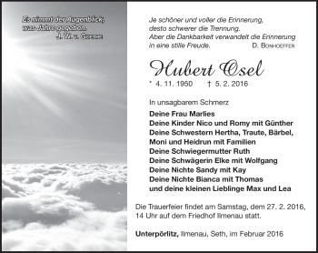 Traueranzeige von Hubert Osel von Südthüringer Presse