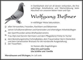 Traueranzeige von Wolfgang Beßner von Südthüringer Presse