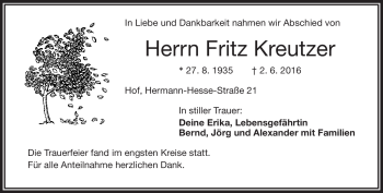Traueranzeige von Fritz Kreutzer von Frankenpost