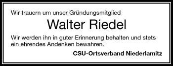 Traueranzeige von Walter Riedel von Frankenpost