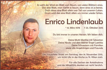 Traueranzeige von Enrico Lindenlaub von Südthüringer Presse