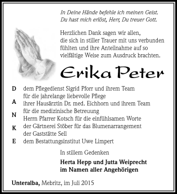 Traueranzeige von Erika Peter von Südthüringer Presse