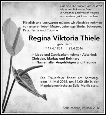 Traueranzeige von Regina Viktoria Thiele von Südthüringer Presse