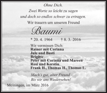 Traueranzeige von Frank Baumgärtner von Südthüringer Presse
