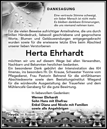 Traueranzeige von Herta Ehrhardt von Südthüringer Presse