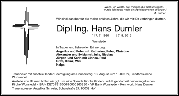 Traueranzeige von Hans Dumler von Frankenpost