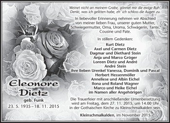 Traueranzeige von Eleonore Dietz von Südthüringer Presse