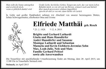 Traueranzeige von Elfriede Matthäi von Südthüringer Presse