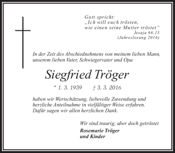 Traueranzeige von Siegfried Tröger von Frankenpost