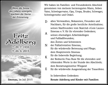 Traueranzeige von Fritz Adelberg von Südthüringer Presse