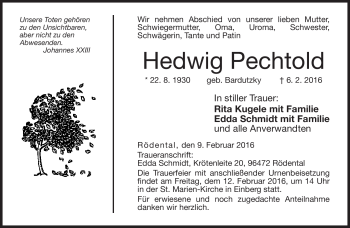 Traueranzeige von Hedwig Pechtold von Neue Presse Coburg