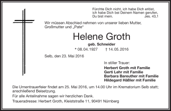 Traueranzeige von Helene Groth von Frankenpost