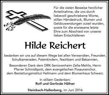 Traueranzeige von Hilde Reichert von Südthüringer Presse